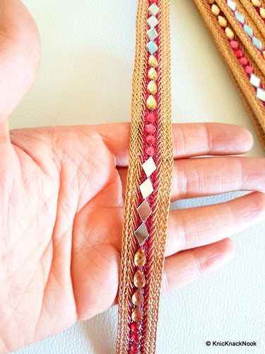 Fuchsia And Gold Woven Thread Lace Trim With Mirror And Rhinestone Embellishments, Approx. 18mm Wide